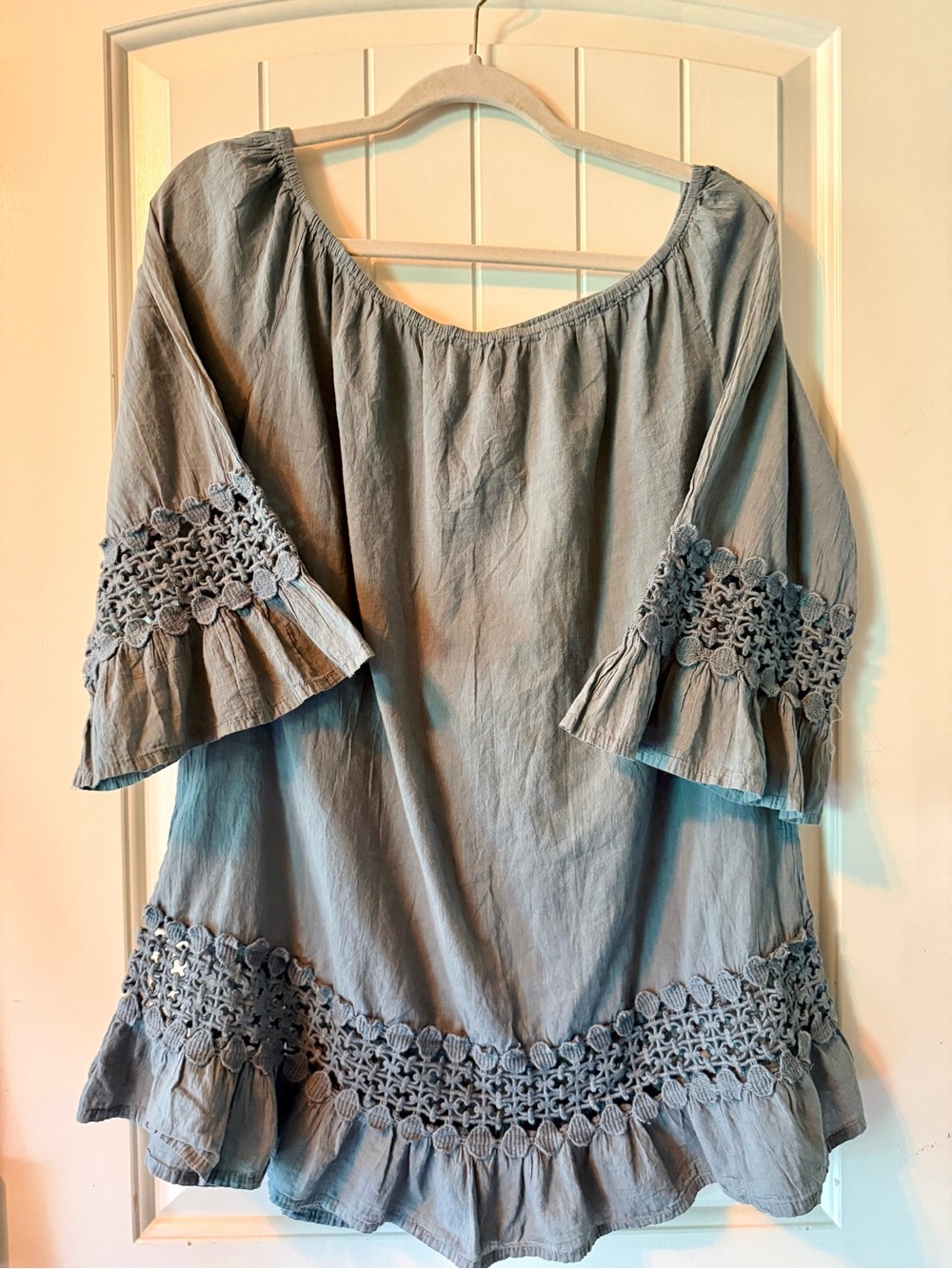 Cute Options Crochet-Trim Slate Blue Peasant Tunic - 100% Cotton